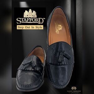 Stafford Men's Black Leather Tassel Sz 11.5 D Slip On Loafers Shoes Stacked Heel